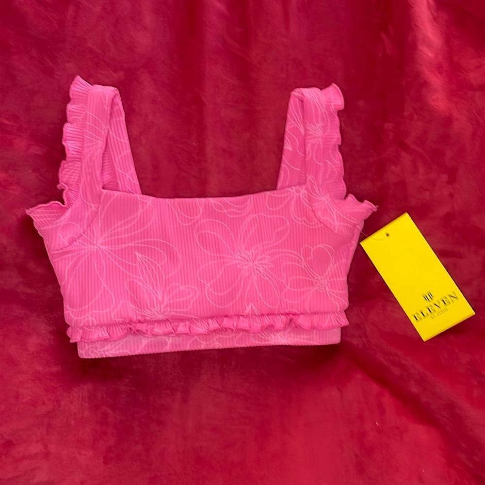 NWT EleVen by Venus Williams Ribbed Pink Leaf Print Girl Get It Ruffled Bra Top